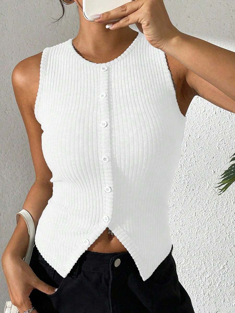 SHEIN PETITE Women Fashion Ribbed Knit Sleeveless Top With Split Hem, Petite Fit Bodycon Round Neck Tank Top - White - View 1