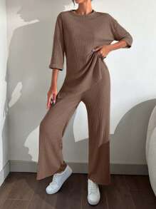RueChic 100%Cotton Drop Shoulder Tee & Wide Leg Pants - Mocha Brown - View 4