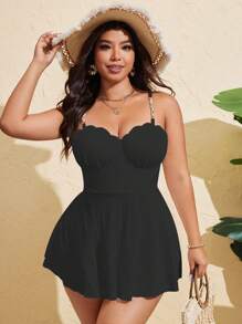 Swim Lushoire 大码女式两件套纯色钢圈聚拢贝壳链装饰端庄泳衣和泳裙套装