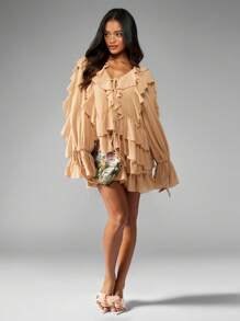 MISSGUIDED Vestido mini con volantes, mangas largas y capas de gasa, para fiestas, bodas, invitados, vacaciones y ocasiones primaverales y de verano - Caqui - Ver 4