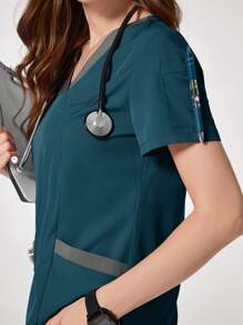 TaskEZ Color Block V-Neck Short Sleeve Top And Pants Scrub Uniform Set - Teal Blue - View 3