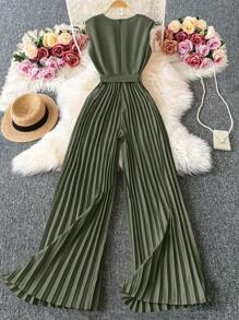 Selianne 女士纯色腰带宽松腿垫肩优雅休闲连体裤，适合日常和假日穿着，无袖 - 軍綠色 - 查看 2