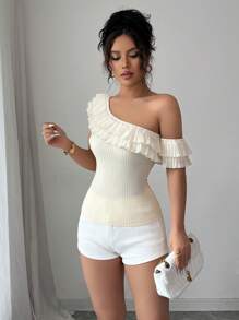 Elenzga New Arrival French Style Elegant Ruffled Frill Shoulder Fitted Knit Top, Flattering Slim Design For Summer - Apricot - View 5