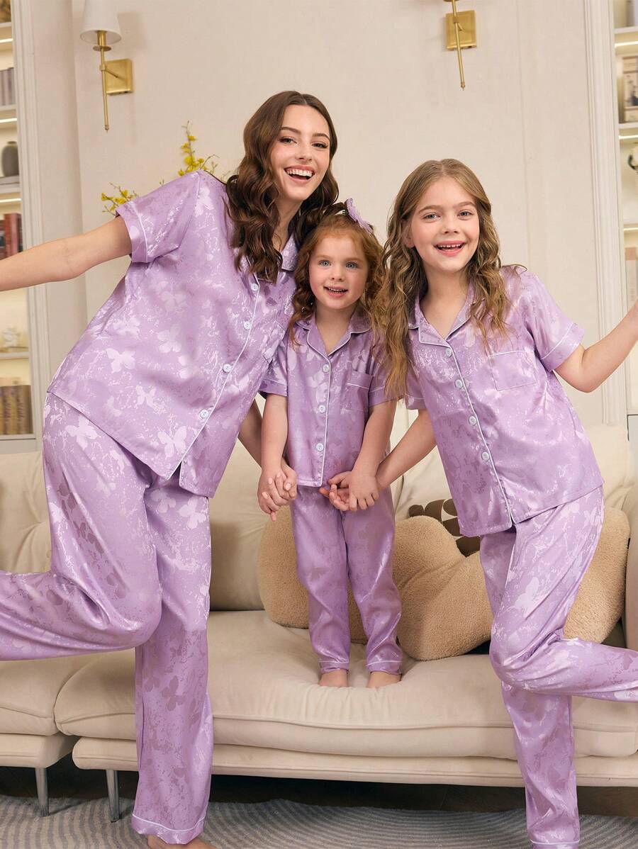 2pcs Girls Purple Elegant Butterfly Pattern Ribbed Knit Short Sleeve Cardigan And Long Pants Loungewear Set - Purple - View 1