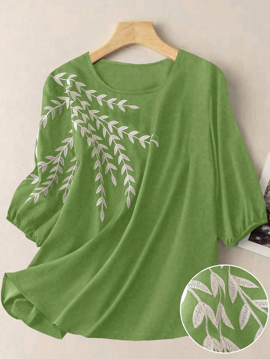 SHEIN LUNE 女式刺绣常规款休闲度假短袖衬衫 - 綠色 - 查看 1