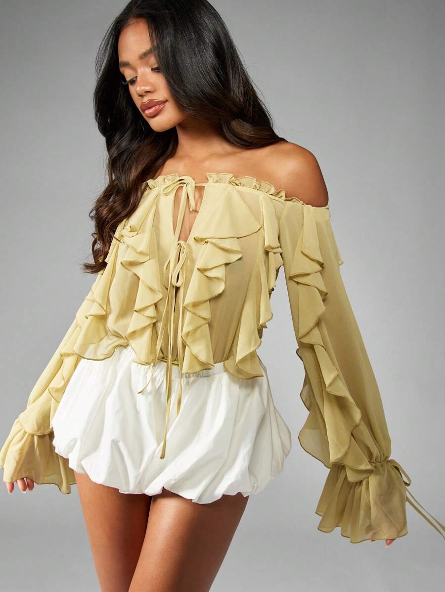 MISSGUIDED 雪纺荷叶边长袖露肩连体衣飘逸荷叶边衬衫夏季春季波西米亚风节日派对晚会连体衣 - 芥末黃 - 查看 1