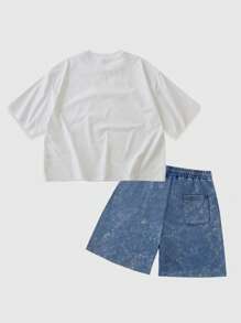 ROMWE MEN Street Life Conjunto de camiseta y pantalones cortos para hombre con estampado de retrato de dibujos animados - Azul y blanco - Ver 2