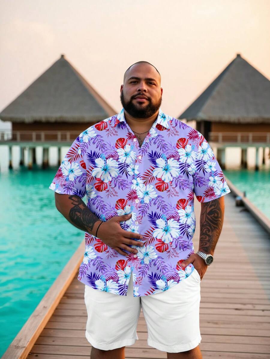 Manfinity RSRT Fashionable Casual Resort Style Full-Floral Print Men's Plus Size Slim Fit Point Collar Short Sleeve Button-Down Shirt, Suitable For Outdoor, Vacation, Date, Party, Makes A Great Gift For Boyfriend - Multicolor - View 1