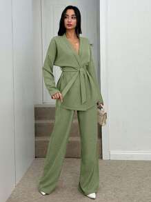 SHEIN Tall Two Pieces With Belt Details, Cozy Sets, Easy To Wear At Home And Outdoor - Mint Green - View 5