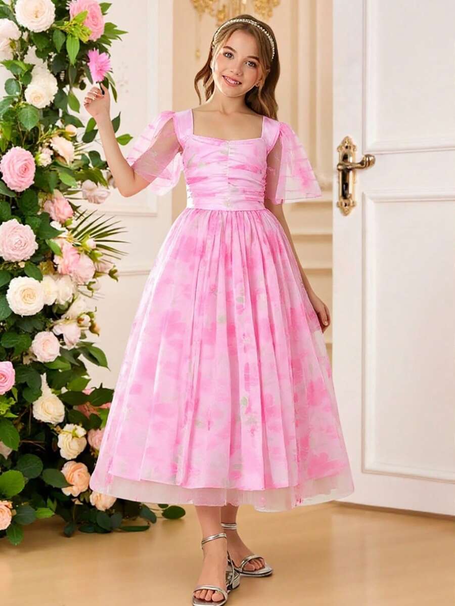 SHEIN Glamorique Kids 青少年女孩花卉印花优雅夏装,青少年甜美礼服 - 粉色 - 查看 1