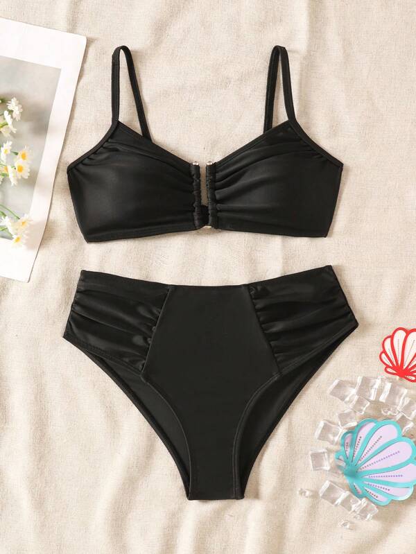SHEIN Set de costum de baie camisol tricotat în formă de U, cu decor metalic, pentru fete preadolescente