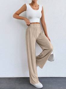 EURMUSE Ladies Petite Woven Wide Leg Pants - Apricot - View 3