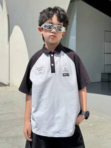 SHEIN 青少年男孩休闲运动学院文艺风复古日韩宽松白色撞色插肩袖POLO衫适合返校节适合生日派对、晚会、演出、婚礼、洗礼、开幕式日常适合日常穿着适合上学适合旅行适合运动适合春夏季节 - 白色 - 查看 3