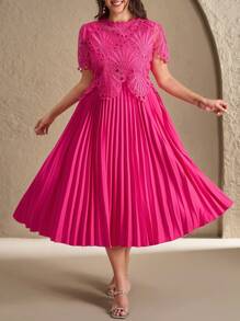 Chikora Plus Size Elegant And Romantic Lace And Pleated Maxi Dress, Fashionable For Summer - Hot Pink - View 4