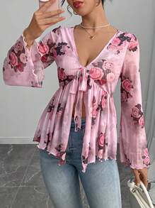 Chiquease Elegantes Damen Hemd mit floralem Muster, intelligentes Schlankheits-Design und Schleifenverzierung - Verschiedenfarbig - Übersicht 5