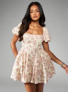 MISSGUIDED Váy trượt mini tay phồng họa tiết vải toile Milkmaid cạp cao thời trang xuân hè tiệc trà ngoài vườn dự tiệc cưới xếp ly nữ tính kiểu nông thôn Giáng sinh - Đỏ và trắng - Xem 1