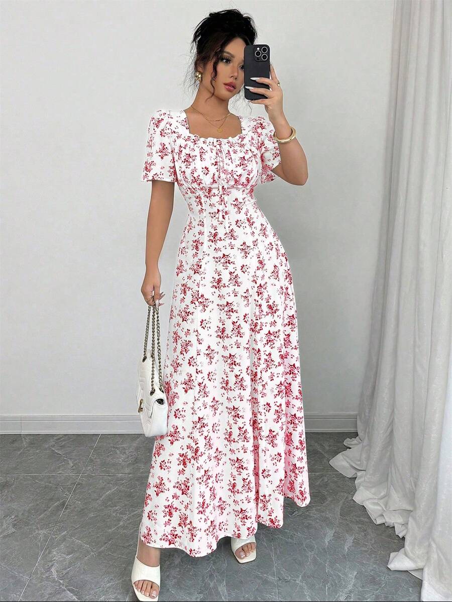 Lyxana 优雅度假休闲泡泡袖方领收腰连衣裙，春夏 - 紅白色 - 查看 1