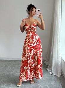 Elenzga 女士高腰印花无袖中长连衣裙，适合度假、休闲和通勤 - 紅色 - 查看 5