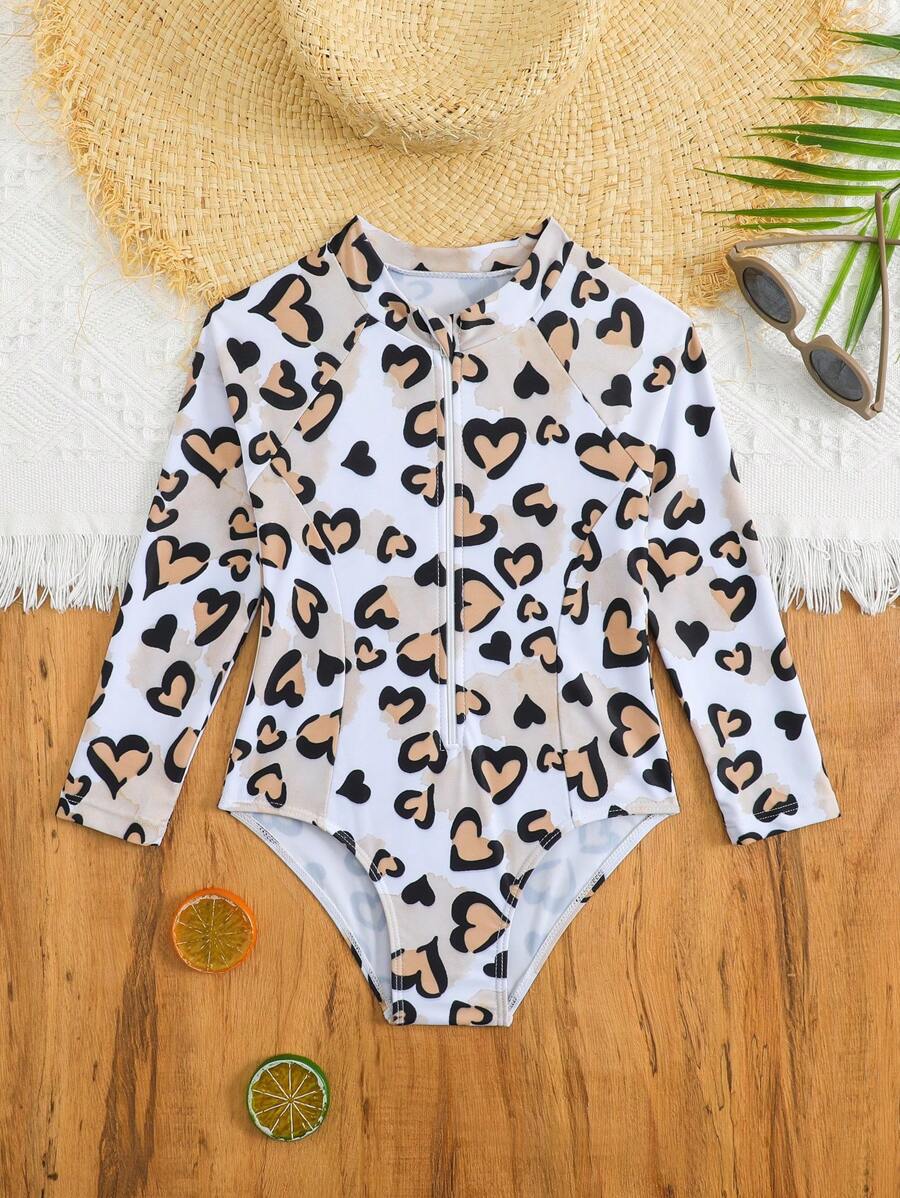 SHEIN 少女全身印花长袖连体泳衣 - 彩色 - 查看 1
