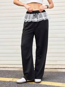 SHEIN Sports 女式网眼拼接抽绳腰部宽松运动裤 - 黑色 - 查看 4