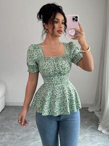 Elenzga Elegant Vacation Square Neck Waist Gathered Women's Blouse, Spring/Summer - Multicolor - View 4