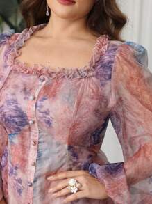 Modelyn Abito maxi elegante e romantico, con stampa tie-dye, maniche a palloncino in chiffon, con volant sul fondo, per taglie comode, per primavera/estate