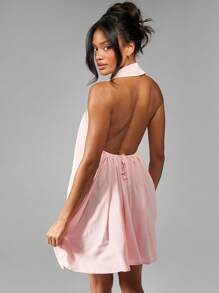 MISSGUIDED Summer Halter Neck Backless Swing Dress Linen Feel Textured Gathered Neckline Beach Resort Vacation Holiday Mini A Line Sundress With Pockets - Pink - View 2
