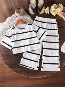 2pcs/Set Young Girl Striped Crew Neck Knit Top And Loose Fit Casual Pants Set