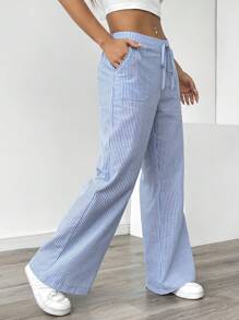 Almamuse Petite Quần ống rộng kẻ sọc xanh dương thoải mái cho nữ, thích hợp cho kỳ nghỉ, quần nữ mùa thu, chất liệu vải dành cho nữ. - Màu xanh lam - Xem 5