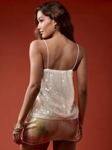 MISSGUIDED Áo yếm cạp chun sequin có thể điều chỉnh dây đeo spaghetti cho tiệc tối câu lạc bộ disco lễ hội lễ kỷ niệm áo kim tuyến - Màu be - Xem 2