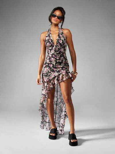 MISSGUIDED Sukienka maxi z szyfonu w kwiaty, z wysokim, niskim dołem i falbaną