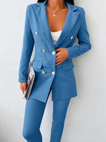 SHEIN Traje De Pantalón Y Abrigo Con Solapa De Color Liso Para Mujer