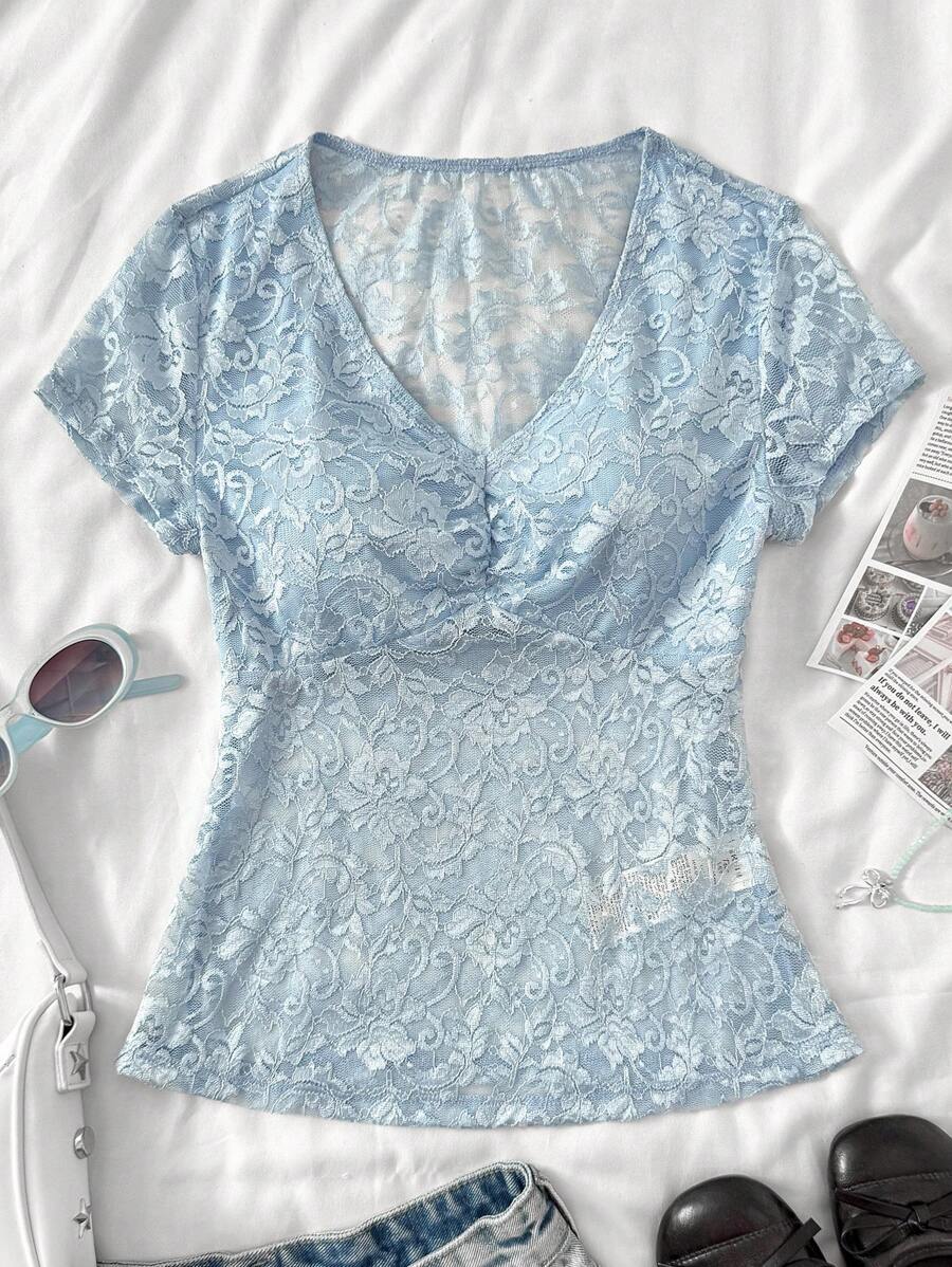 SHEIN Áo ren bán trong suốt cổ chữ V màu xanh lam cho bé gái tuổi teen, áo ren tay ngắn thanh lịch nữ tính - Màu xanh nhạt - Xem 1