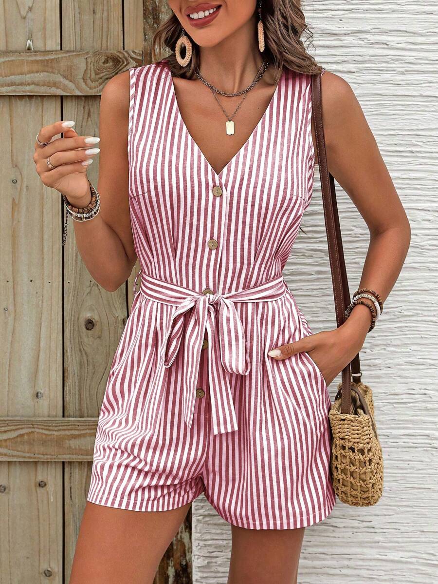 SHEIN LUNE Mono informal de verano para mujer con botones, manga sin mangas y media abertura a rayas - Rojo - Ver 1