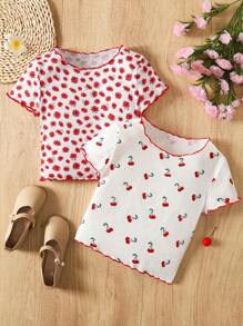 SHEIN 2pcs Tween Girls Ribbed Ditsy Floral Cherry Print Colorblock Ruffle Hem Casual Vacation T-Shirts, Suitable For Spring Outing, Countryside Vibe, Sweet Girl - Red - View 1