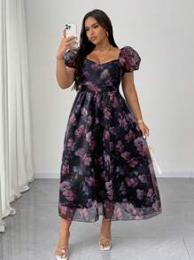 Cravure Organza Printed Sweetheart Neck High Waist Babydoll Dress, Suitable For Wedding Guest, Mother's Day - Multicolor - View 2