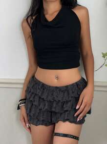 SHEIN EZwear Summer Grunge Goth Shorts  Ruffle Hem Women - Grey - View 5