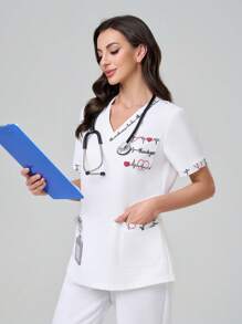 TaskEZ Kolorowy wiosenny i letni modny swobodny wielofunkcyjny wielokieszeniowy wygodny damski mundurek chirurgiczny, odpowiedni do szpitali, klinik i lecznic dla zwierząt, damski top z nadrukiem litery i serca, dekolt w serek, krótki rękaw, kieszeń, wielkanocny damski mundurek chirurgiczny