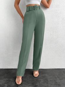 EURMUSE High-Waist Solid Color Casual Work Pants - Mint Green - View 1