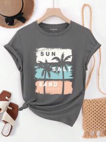 INAWLY Women's Palm Tree Print Round Neck Casual Short Sleeve T-Shirt - Dark Grey - View 1