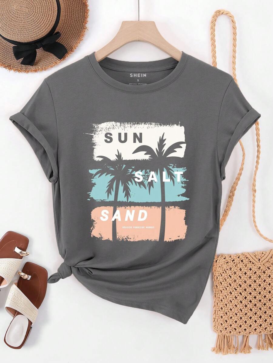 INAWLY Women's Palm Tree Print Round Neck Casual Short Sleeve T-Shirt - Dark Grey - View 1