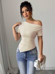 Gloray Damen Frühlings-/Sommer-Schulterfrei Gerafftes Asymmetrisch Saum Strickbund Elastisch Anliegend T-Shirt, Lässig & Modisch, Dehnbar Damen Top