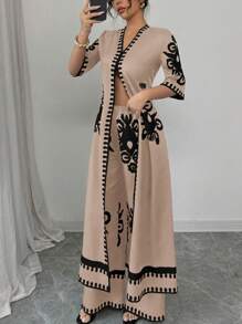 Breezaya 2 件套优雅度假 V 领短袖衬衫和松紧腰带图案长裤梭织女士套装，多色，春夏