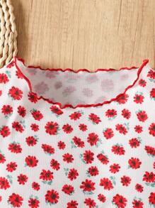 SHEIN 2pcs Tween Girls Ribbed Ditsy Floral Cherry Print Colorblock Ruffle Hem Casual Vacation T-Shirts, Suitable For Spring Outing, Countryside Vibe, Sweet Girl - Red - View 4