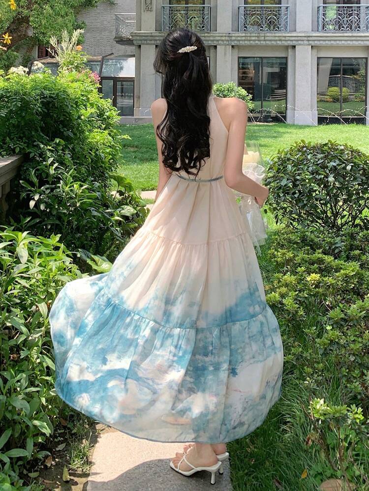 Ombre Floral Print Sleeveless Midi Dress For Women,Casual Women Dresses