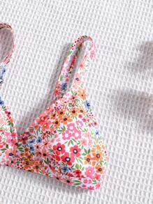 SHEIN Set Baju Renang Pantai untuk Anak Perempuan Remaja Motif Bunga Kecil Biru dengan Tali Tipis - MultiWarna - View 5