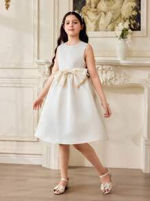 Váy nơ không tay màu mơ satin thanh lịch mùa hè cho bé gái tuổi teen - Màu be - Xem 4