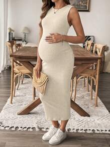 SHEIN Đầm bầu mùa hè không tay cổ tròn màu trơn - Màu be - Xem 5