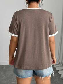 Juhart Plus Size Summer Casual Contrast Trim Short Sleeve T-Shirt - Coffee Brown - View 2