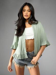 MISSGUIDED Áo sơ mi vải lanh xếp nếp cài nút mùa hè đi biển nghỉ dưỡng thường ngày tay dài quá khổ áo cuối tuần Giáng sinh - màu xanh lá - Xem 1